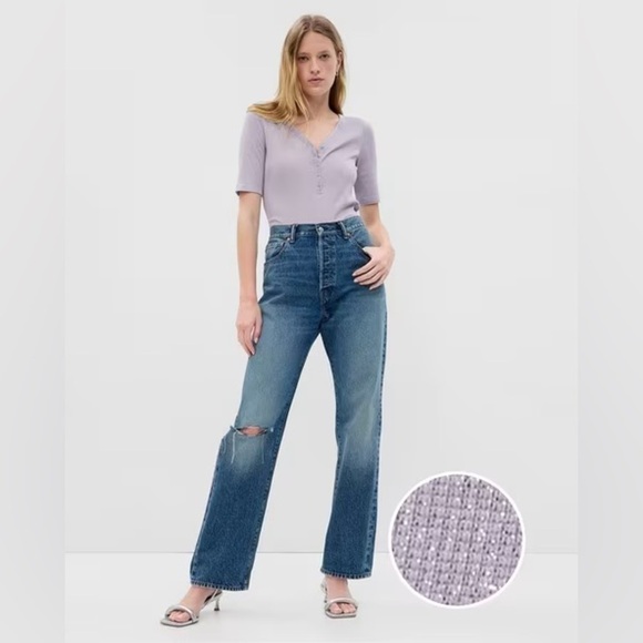 NWT GAP Metallic Purple Lotus Ribbed 1/2 Short sleeve Henley Top Popover size L - Picture 1 of 8